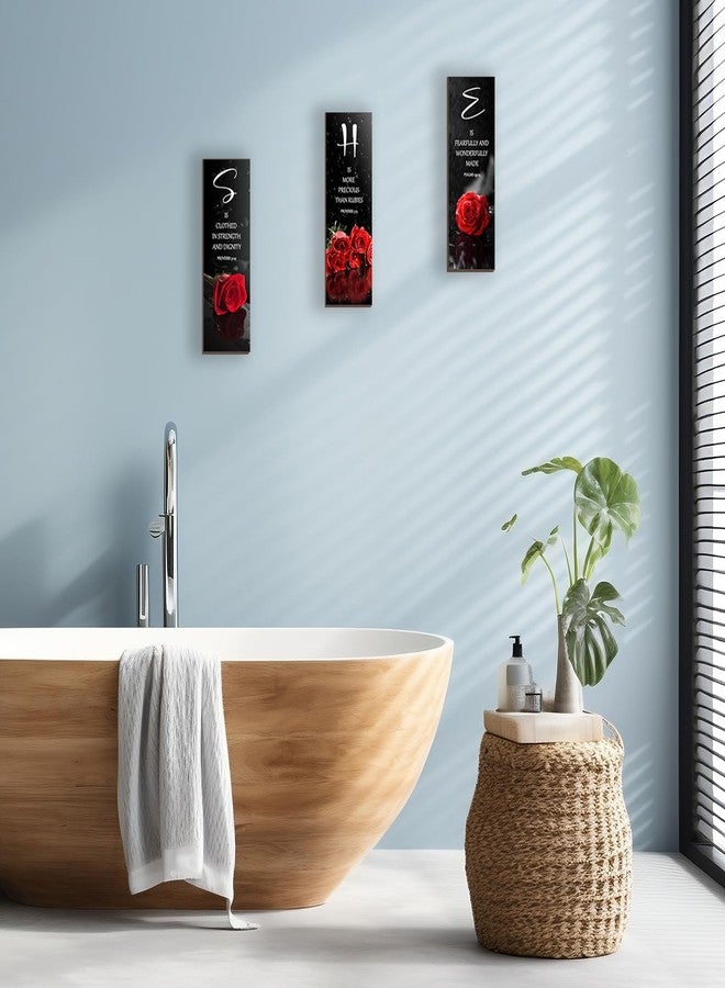 DONFENTHY 3 Pcs Red Bedroom Decor Red Rose Wooden Wall Decor Red Bathroom Decor Inspirational Farmhouse Office Decor With SHE Bible Words Signs For Women Girl Bedroom Home Decor(Red 12x4Inch) - Image 3