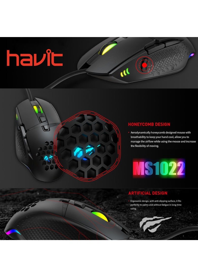 ماوس ألعاب من هافيت موديل  MS1022سلكي مع إضاءة RGB خلفية ، 8 أزرار، 4 إعدادات DPI، تصميم مريح –اسود  - Image 5