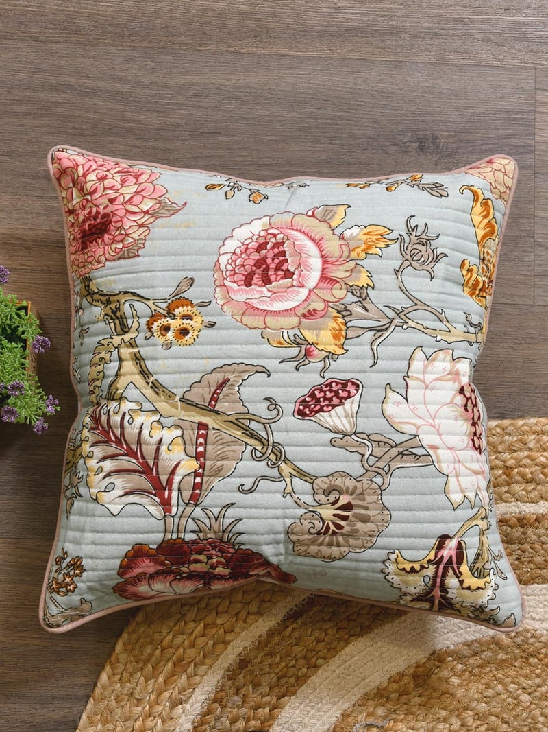 Clasiko Cotton 300 TC Cushion Covers Set of 2; 20X20 Inches; Multicolor Flowers On Green - Image 2