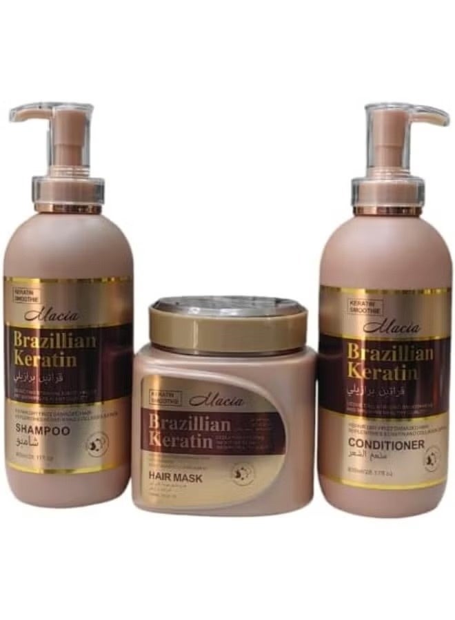 Macia 4in1 Macia Brazilian Keratin Hair Care Set, Sulphate-Free Shampoo 800ml, Conditioner 800ml, Hair Mask 1000ml,Serum 100ml Professional Treatment - Image 1