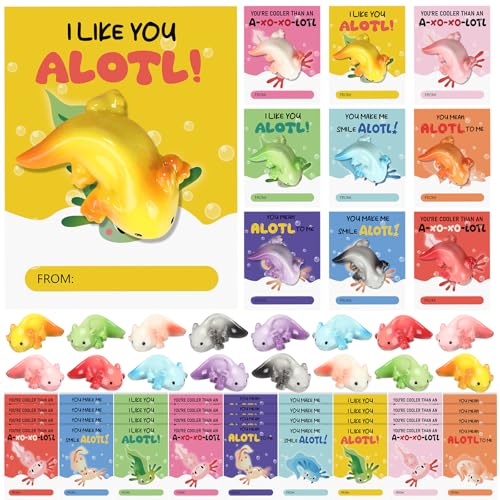 RattanView 27 Packs Axolotl Valentines with Gift Card Mini Resin Animal Miniature Figure for Axolotl Party Favors Exchange Gifts Decoration Coworker FriendSolid Color - Image 5
