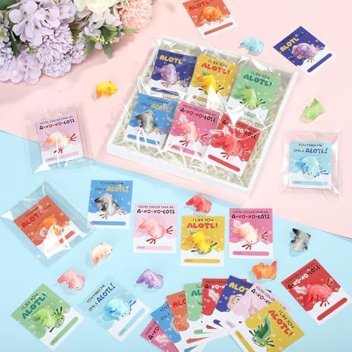 RattanView 27 Packs Axolotl Valentines with Gift Card Mini Resin Animal Miniature Figure for Axolotl Party Favors Exchange Gifts Decoration Coworker FriendSolid Color - Image 1