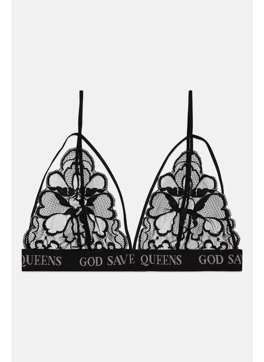 God Save Queens Women Non Padded Wireless Lace Bra, Black  - Image 2