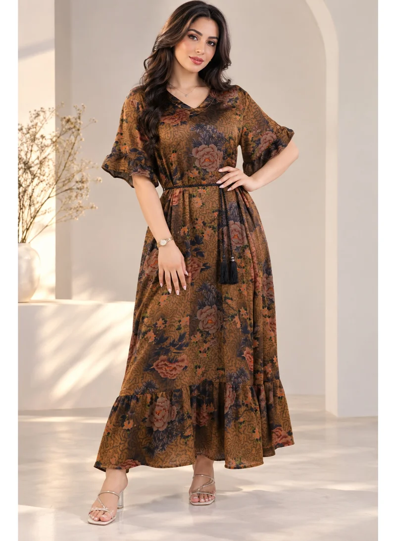NinEx Women Floral Print Maxi Jalabiya Dress with Waist Tie