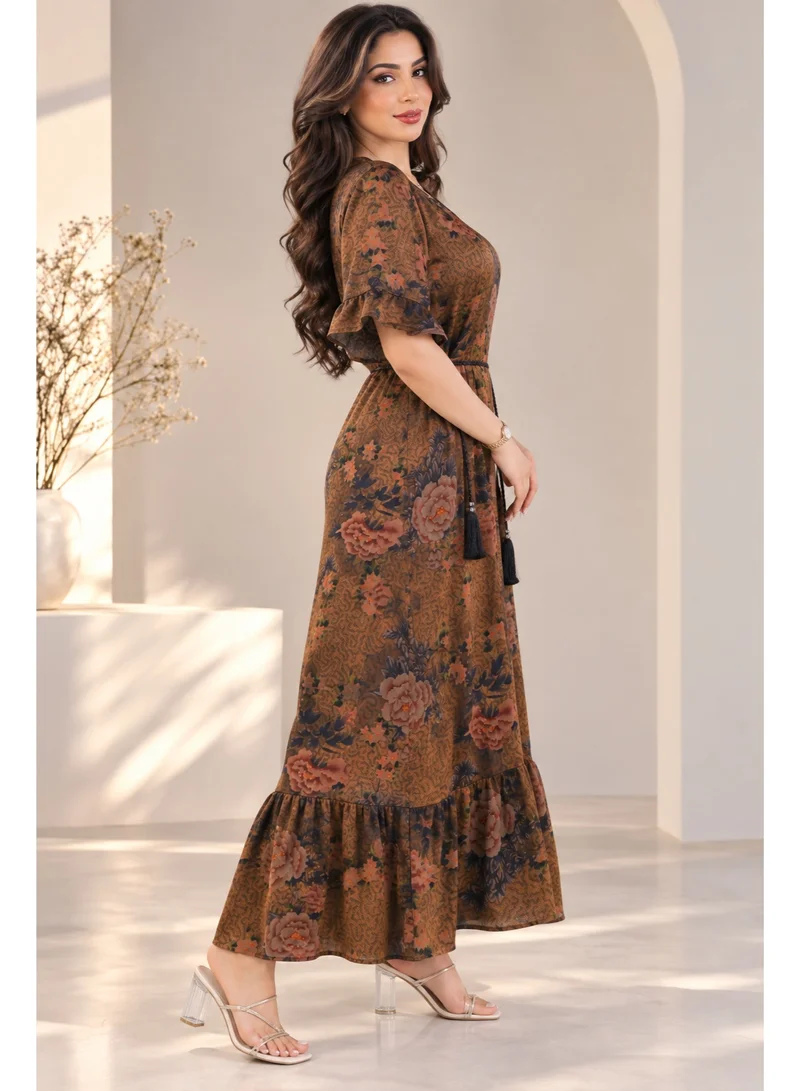 NinEx Women Floral Print Maxi Jalabiya Dress with Waist Tie