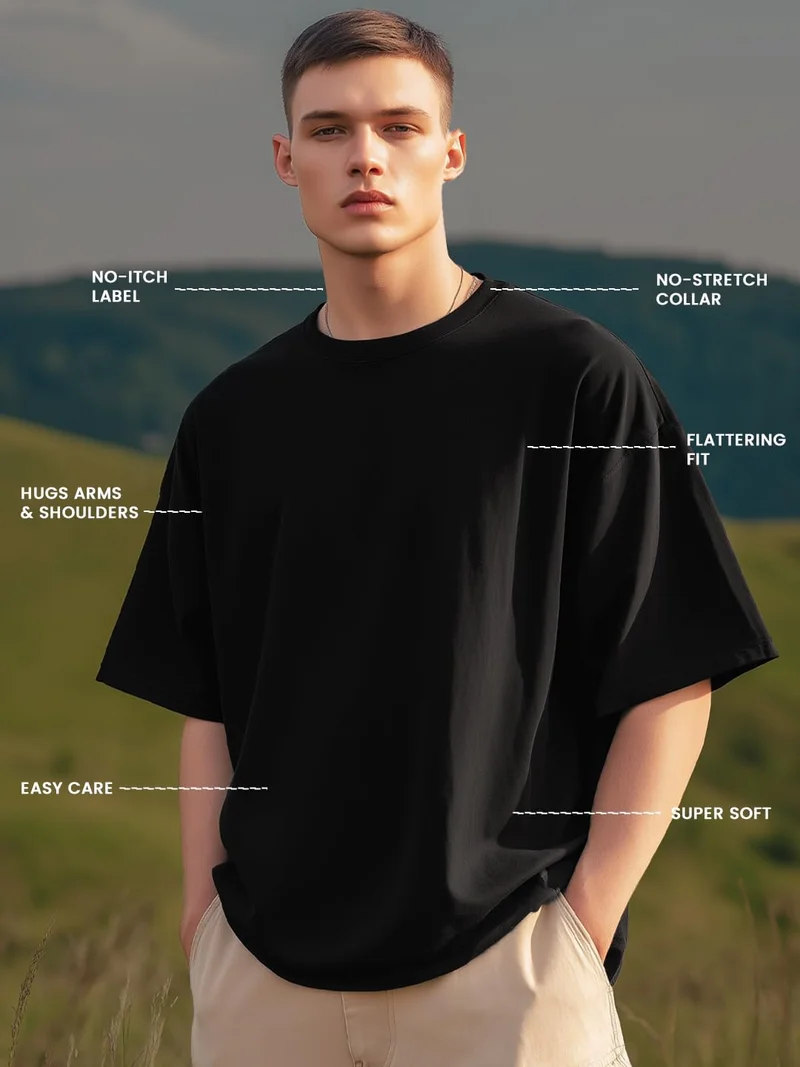 نوبيرو Black Graphic Print Oversized T-Shirt for Men