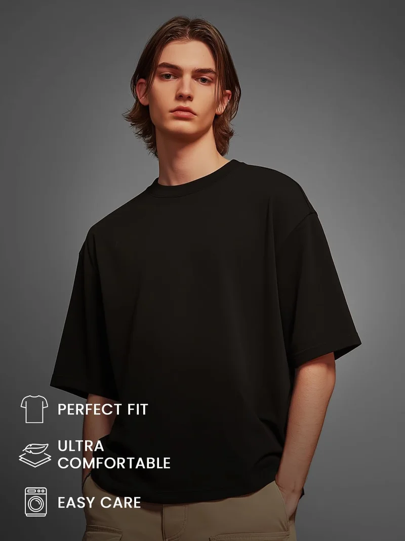 NOBERO Black Graphic Print Oversized T-Shirt for Men