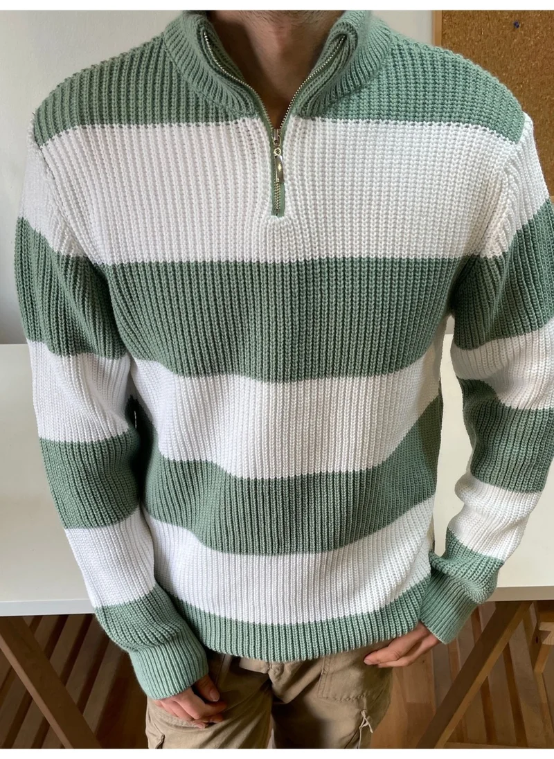 Cool Tarz Cool Style Aqua Green-White Zippered Striped Patterned Knitwear Sweater