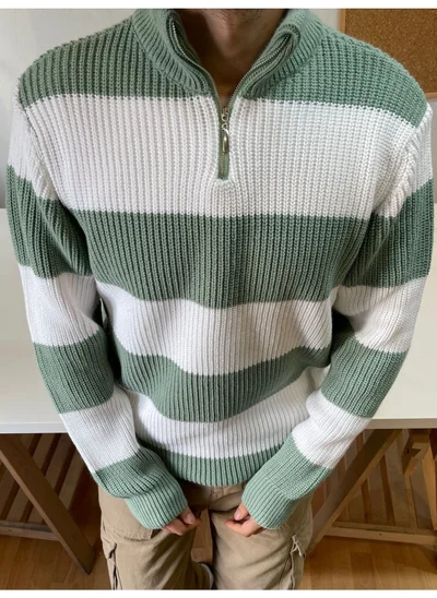 Cool Tarz Cool Style Aqua Green-White Zippered Striped Patterned Knitwear Sweater