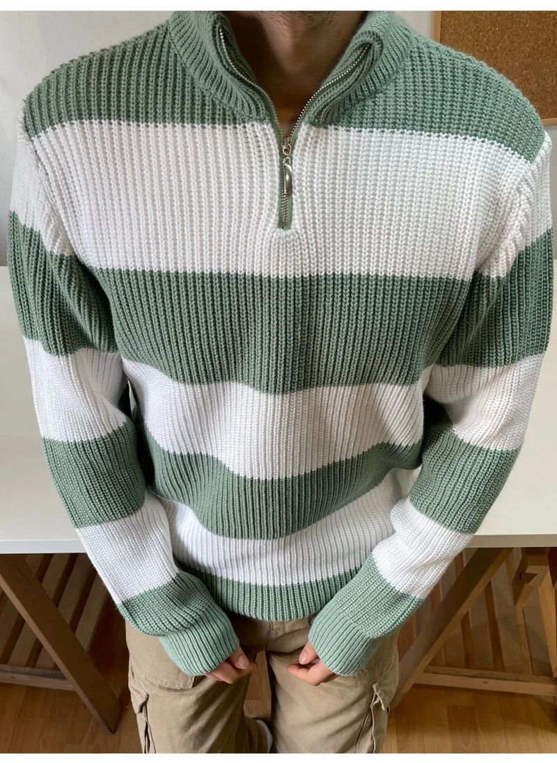 Cool Tarz Cool Style Aqua Green-White Zippered Striped Patterned Knitwear Sweater