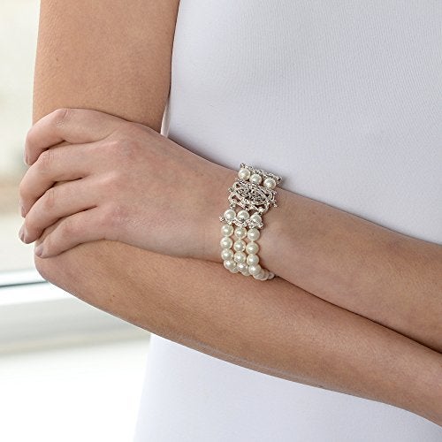 Mariell Genuine Freshwater Pearl 3-Strand Bridal Wedding Bracelet with CZ Safety Clasp, Birthday Gift - Image 3