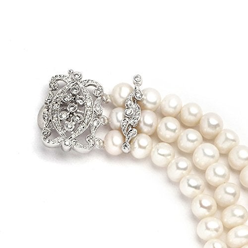 Mariell Genuine Freshwater Pearl 3-Strand Bridal Wedding Bracelet with CZ Safety Clasp, Birthday Gift - Image 5