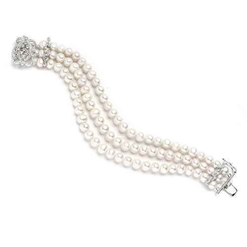 Mariell Genuine Freshwater Pearl 3-Strand Bridal Wedding Bracelet with CZ Safety Clasp, Birthday Gift - Image 1
