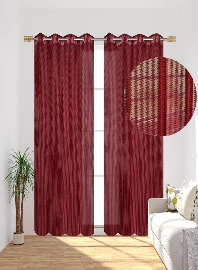 YUKANY Zig Zac Tissue Transparent Plain Net Sheer Door & Windows Grommets Curtains | Parda | Pack of 2 (Maroon Red, 4 x 6 ft) - Image 2