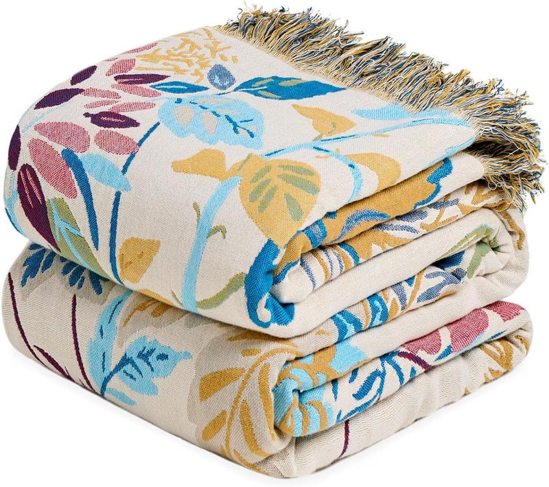 LUTBM Boho Throw Blanket for Couch Sofa Chair Cotton Blankets for Bedroom Living Room All Season Soft Lightweight Reversible Floral Embroidery Throws 50"x60" - Image 1
