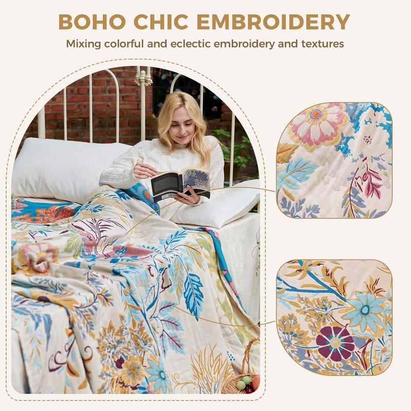 LUTBM Boho Throw Blanket for Couch Sofa Chair Cotton Blankets for Bedroom Living Room All Season Soft Lightweight Reversible Floral Embroidery Throws 50"x60" - Image 3