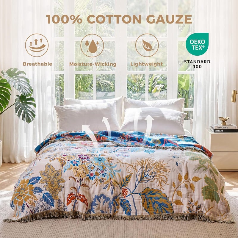 LUTBM Boho Throw Blanket for Couch Sofa Chair Cotton Blankets for Bedroom Living Room All Season Soft Lightweight Reversible Floral Embroidery Throws 50"x60" - Image 2