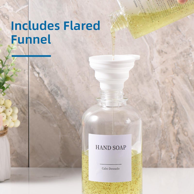 Cabo Deseado Glass Soap Dispenser with Pump, Dish and Hand Soap Dispenser for Kitchen Bathroom Set, Clear Glass Dispenser Set of 2 Pack with 18 Stickers Funnel Bamboo Tray 500ml 18oz / Each Bottle Gold Pump - Image 5