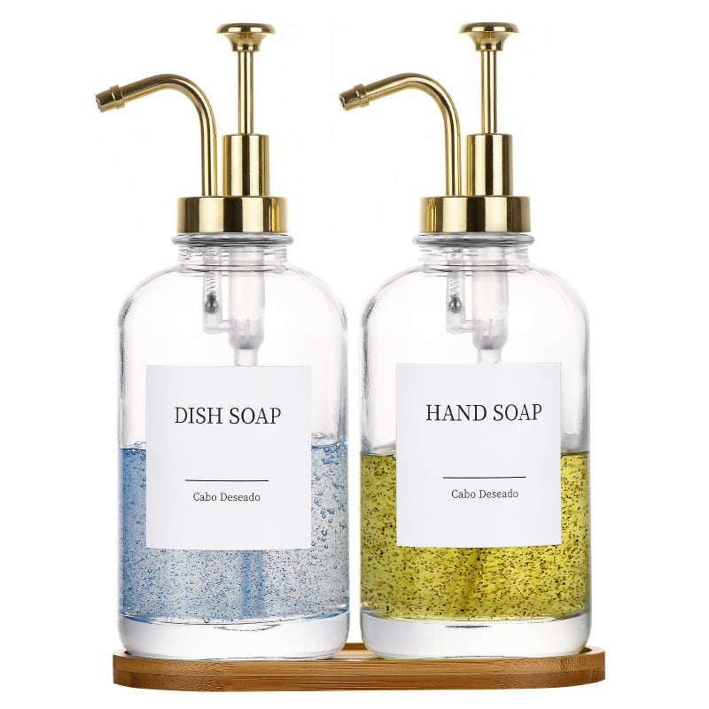 Cabo Deseado Glass Soap Dispenser with Pump, Dish and Hand Soap Dispenser for Kitchen Bathroom Set, Clear Glass Dispenser Set of 2 Pack with 18 Stickers Funnel Bamboo Tray 500ml 18oz / Each Bottle Gold Pump - Image 1