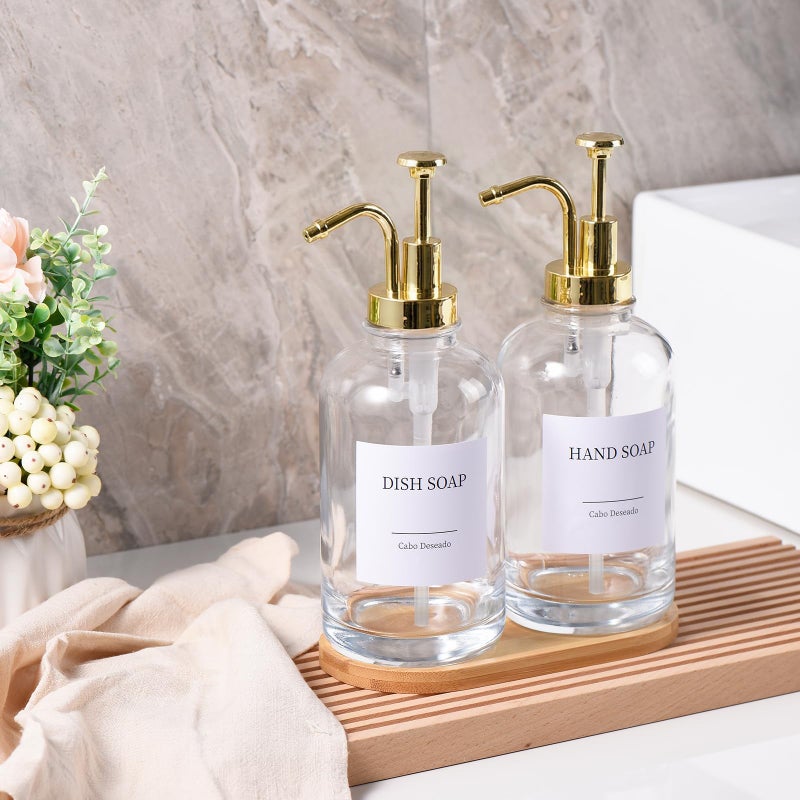 Cabo Deseado Glass Soap Dispenser with Pump, Dish and Hand Soap Dispenser for Kitchen Bathroom Set, Clear Glass Dispenser Set of 2 Pack with 18 Stickers Funnel Bamboo Tray 500ml 18oz / Each Bottle Gold Pump - Image 2