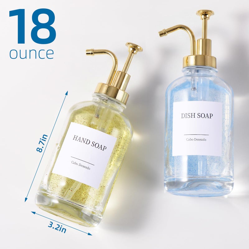 Cabo Deseado Glass Soap Dispenser with Pump, Dish and Hand Soap Dispenser for Kitchen Bathroom Set, Clear Glass Dispenser Set of 2 Pack with 18 Stickers Funnel Bamboo Tray 500ml 18oz / Each Bottle Gold Pump - Image 3