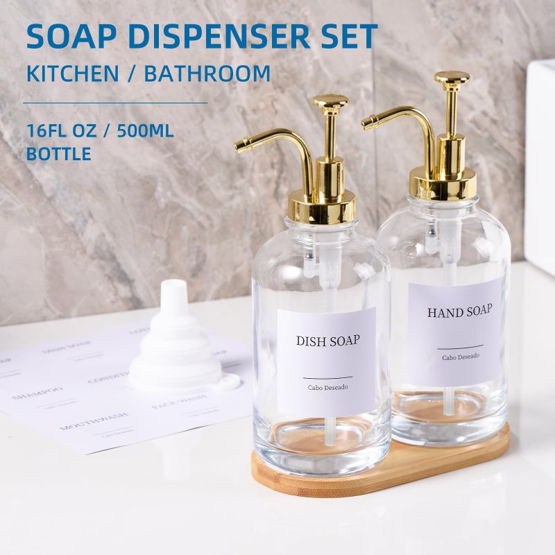 Cabo Deseado Glass Soap Dispenser with Pump, Dish and Hand Soap Dispenser for Kitchen Bathroom Set, Clear Glass Dispenser Set of 2 Pack with 18 Stickers Funnel Bamboo Tray 500ml 18oz / Each Bottle Gold Pump - Image 4