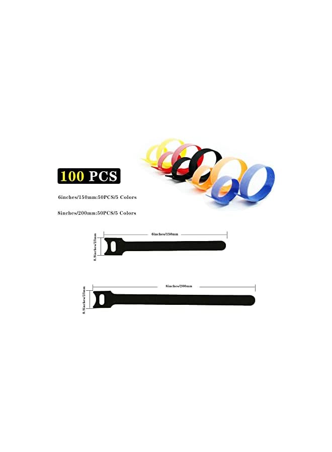 S-TOP 100PCS Reusable Cable Zip Ties, 8-inch &6-inch cord ties, Multi-Purpose Hook& Loop cable management | Adjustable Multicoloured Cords Organizer for Computer/Laptop/TV/Electronics - Image 4