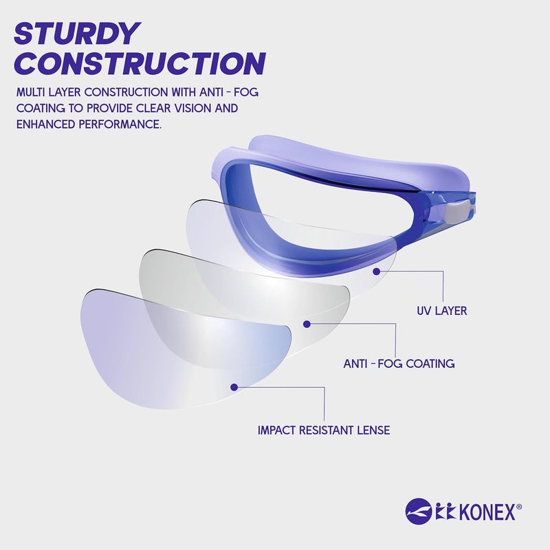 KONEX Anti Fog Swimming Goggles with UV Protection for Men & Women | Wide Angle View with Anti Leak Technology | Comes with Attached Ear Plugs | Ideal for Children & Adult (Blue) - Image 4