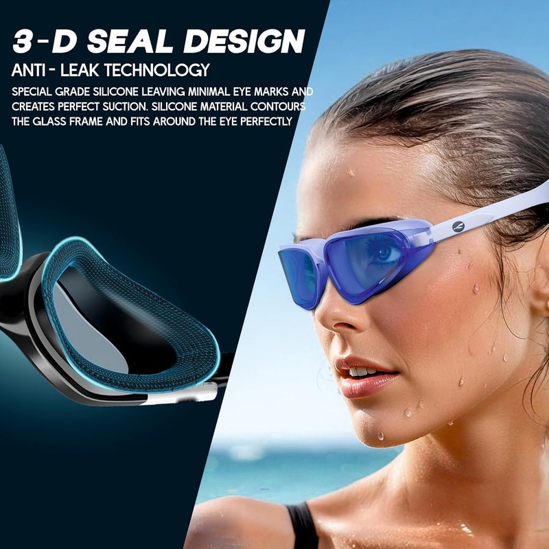 KONEX Anti Fog Swimming Goggles with UV Protection for Men & Women | Wide Angle View with Anti Leak Technology | Comes with Attached Ear Plugs | Ideal for Children & Adult (Blue) - Image 3