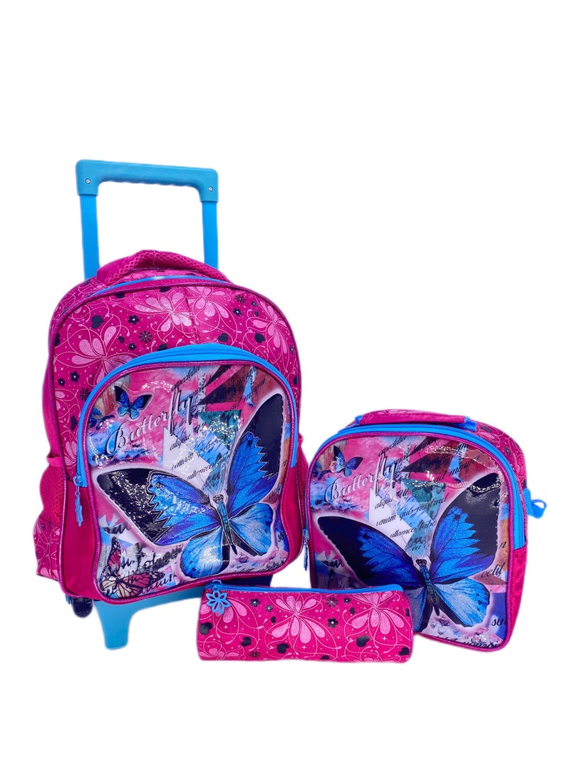 i-kola Pvc Premium Toddler Trolley with Backpack which Includes Trolley Bag luggage with Lunch Bag And pencil Case, wheels For boys (14 Inches) (Butterfly) - Image 1