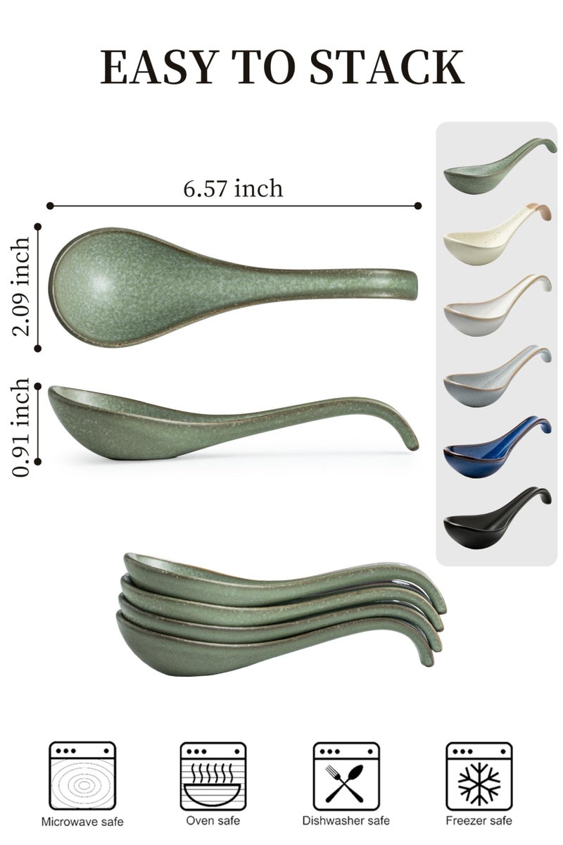 LYEOBOH Asian Soup Spoon, Chinese Soup Spoons, Ramen Spoons, Japanese Ceramic Soup Spoon Set of 6,Thanksgiving Christmas Kitchen With Long Handle for Serving, Ramen, Pho, Noodles, Green - Image 2