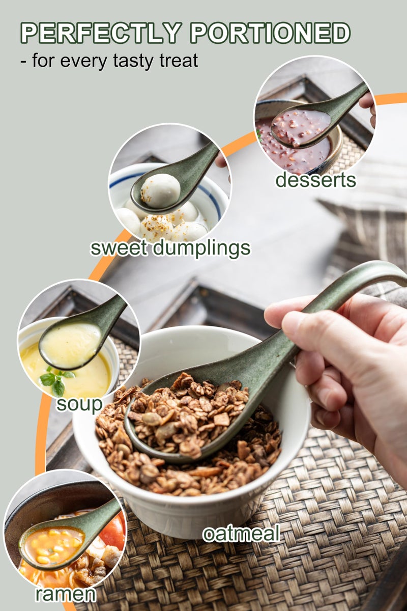 LYEOBOH Asian Soup Spoon, Chinese Soup Spoons, Ramen Spoons, Japanese Ceramic Soup Spoon Set of 6,Thanksgiving Christmas Kitchen With Long Handle for Serving, Ramen, Pho, Noodles, Green - Image 3