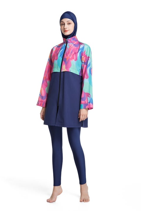 طقم سباحة محافظ من ثلاثة قطع للنساء المسلمات، صيفي، مريح، مضاد للأشعة فوق البنفسجية، بأكمام طويلة وسحّاب، ملابس شاطئية خفيفة الوزن...