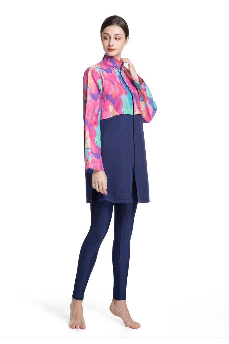 طقم سباحة محافظ من ثلاثة قطع للنساء المسلمات، صيفي، مريح، مضاد للأشعة فوق البنفسجية، بأكمام طويلة وسحّاب، ملابس شاطئية خفيفة الوزن... - Image 2