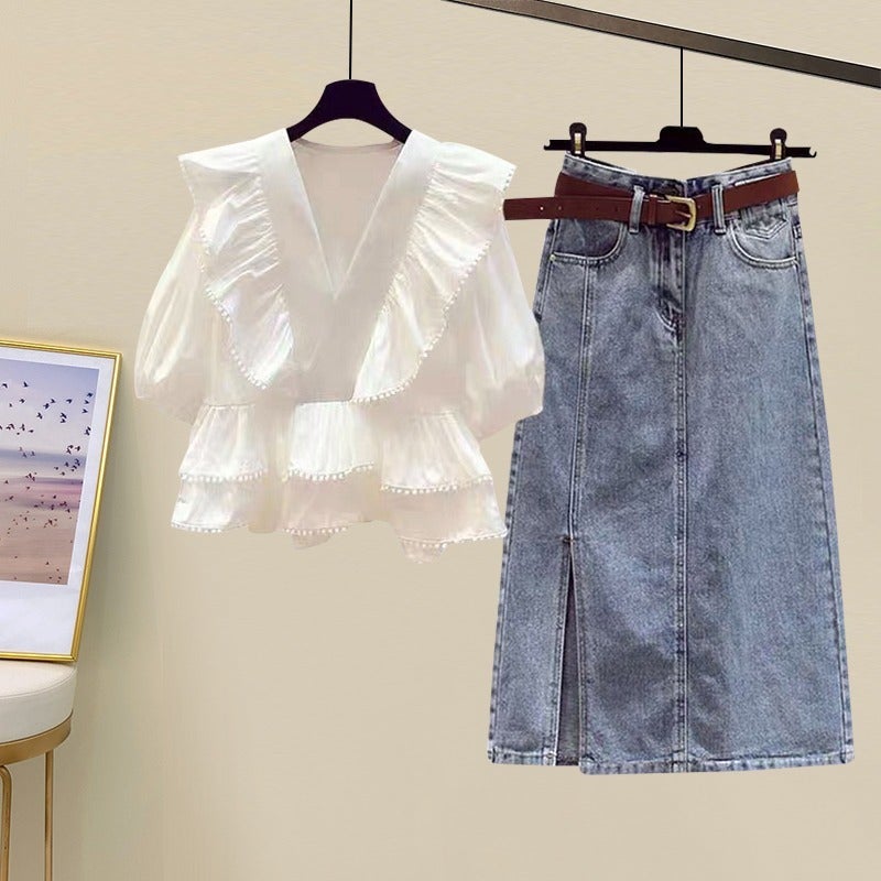 Summer European Style Outfit Suit For Women, Slim And Cute Ruffled Shirt, Slit Denim Skirt, Large Size Two-Piece Set - Image 1