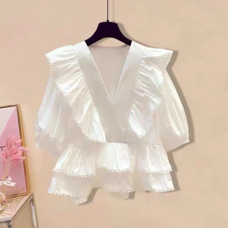 Summer European Style Outfit Suit For Women, Slim And Cute Ruffled Shirt, Slit Denim Skirt, Large Size Two-Piece Set - Image 3