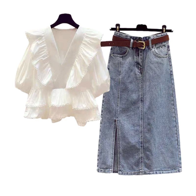 Summer European Style Outfit Suit For Women, Slim And Cute Ruffled Shirt, Slit Denim Skirt, Large Size Two-Piece Set - Image 5