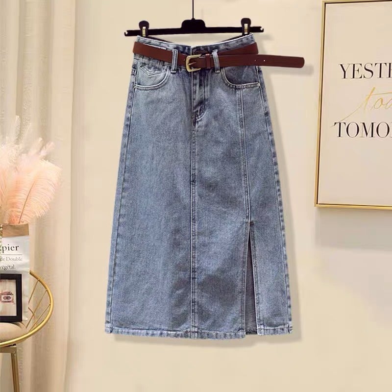 Summer European Style Outfit Suit For Women, Slim And Cute Ruffled Shirt, Slit Denim Skirt, Large Size Two-Piece Set - Image 4
