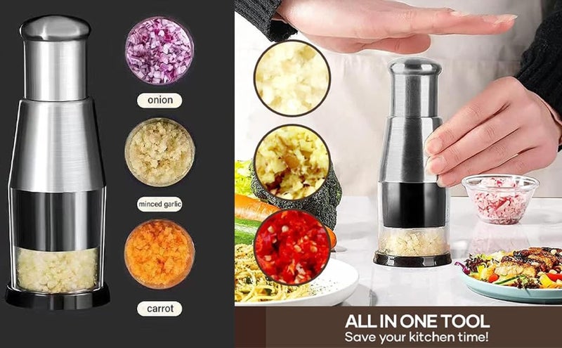 Deoxys Pressed Garlic Chopper Stainless Steel Manual Garlic Masher Handheld Push Type Garlic Crusher Labor Saving Kitchen Food Chopper Gadget for Ginger Chili Onion Salad - Image 4
