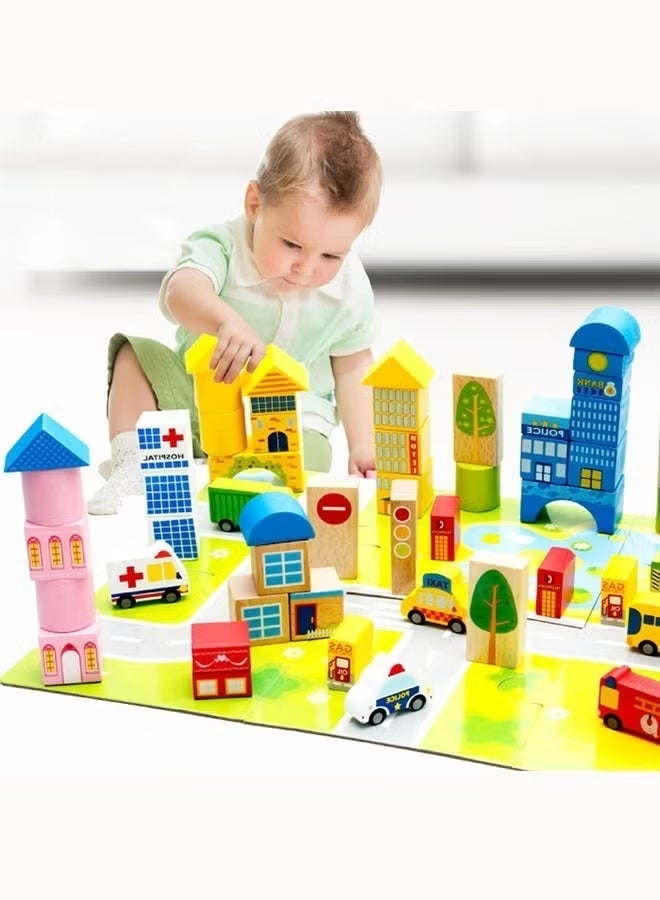 Building Blocks Set City Building Blocks Toy Set ,62PCS Large Wooden Building Blocks Set with City Map, City Building Block Toys Building Block Building Toys,Imagination  Creativity Kids Activity Kit,Children's Construction Toys Educational Toys,Preschool Learning Educational Toys,Montessori Stacking Blocks for 3+ Years Old Kids Boys Girls - Image 4