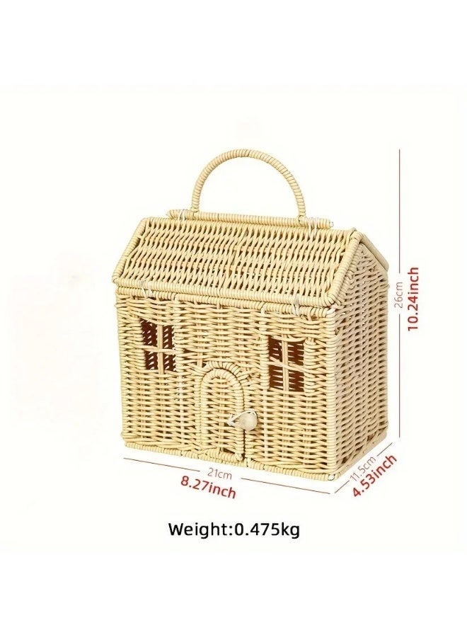 Handwoven Rattan House-Shaped Wicker Basket with Lid for Storage and Home Decor - Image 1