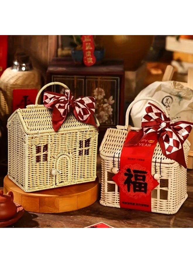 Handwoven Rattan House-Shaped Wicker Basket with Lid for Storage and Home Decor - Image 2