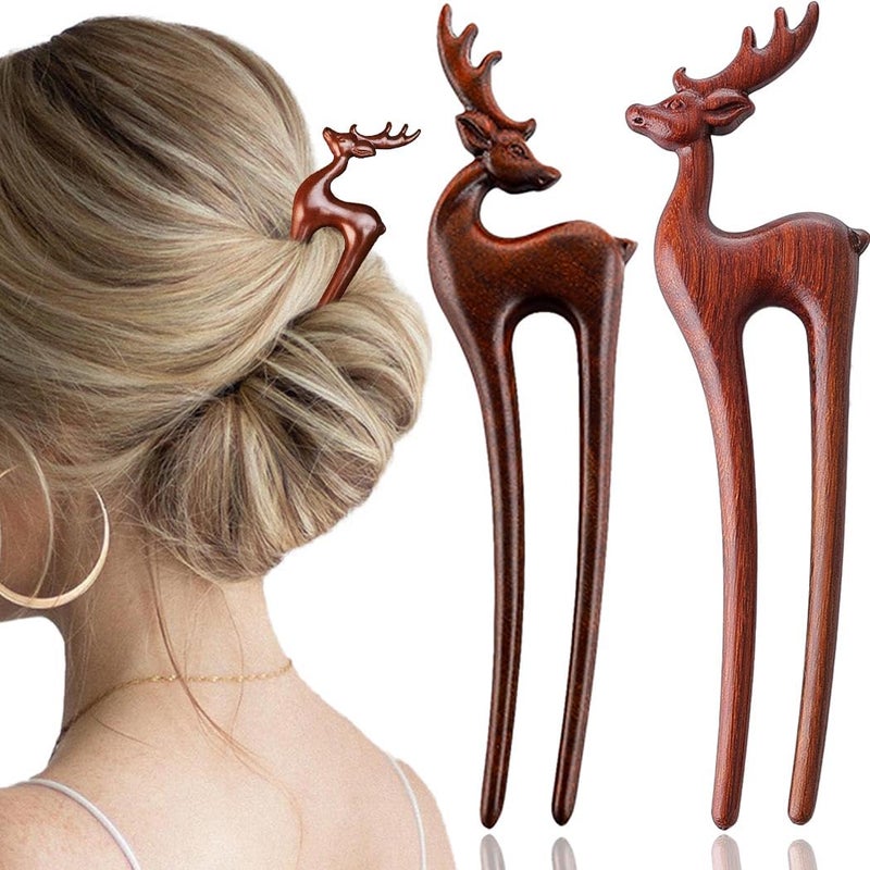 2PCS U Shape Wooden Hair Pin French Hair Forks Sandalwood Vintage Chignon with Deer Design Hairpin for 2 Prong Thick Hair for Women