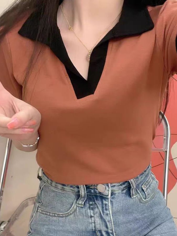 Summer Short-Sleeved Polo Collar Casual T-Shirt For Women With Contrasting Color Design, Western Style, Versatile Right Shoulder Top, Trendy - Image 3