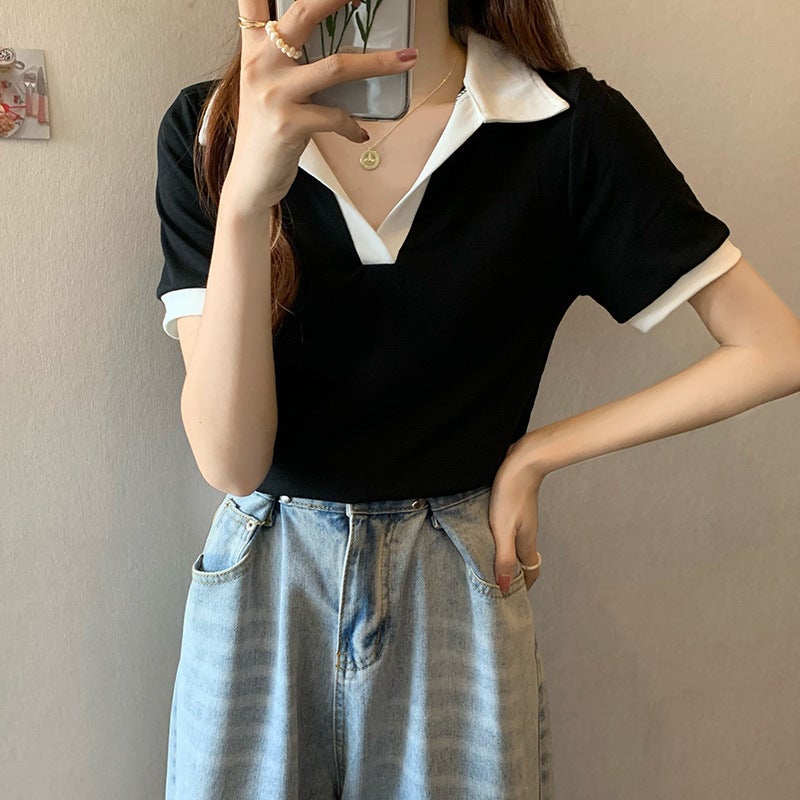 Summer Short-Sleeved Polo Collar Casual T-Shirt For Women With Contrasting Color Design, Western Style, Versatile Right Shoulder Top, Trendy - Image 1