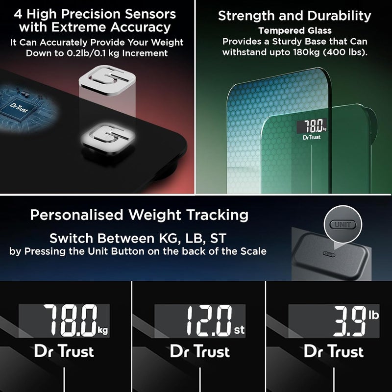 Dr Trust آلة وزن إلكترونية شخصية رقمية من USA Inspire لجسم الإنسان بسعة 180Kg - 523 (أسود) - Image 4