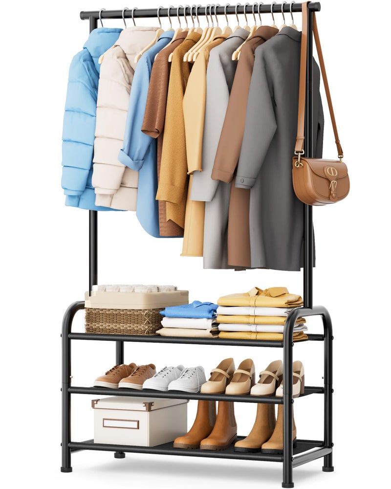 MISSLO Sturdy Clothing Racks for Hanging Clothes with 3 Shelves Garment Rack Heavy Duty Clothes Rack with Shoe Storage for Coats, Garment, Dress, Black - Image 1