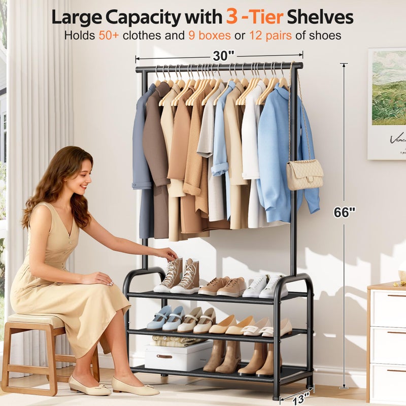 MISSLO Sturdy Clothing Racks for Hanging Clothes with 3 Shelves Garment Rack Heavy Duty Clothes Rack with Shoe Storage for Coats, Garment, Dress, Black - Image 2