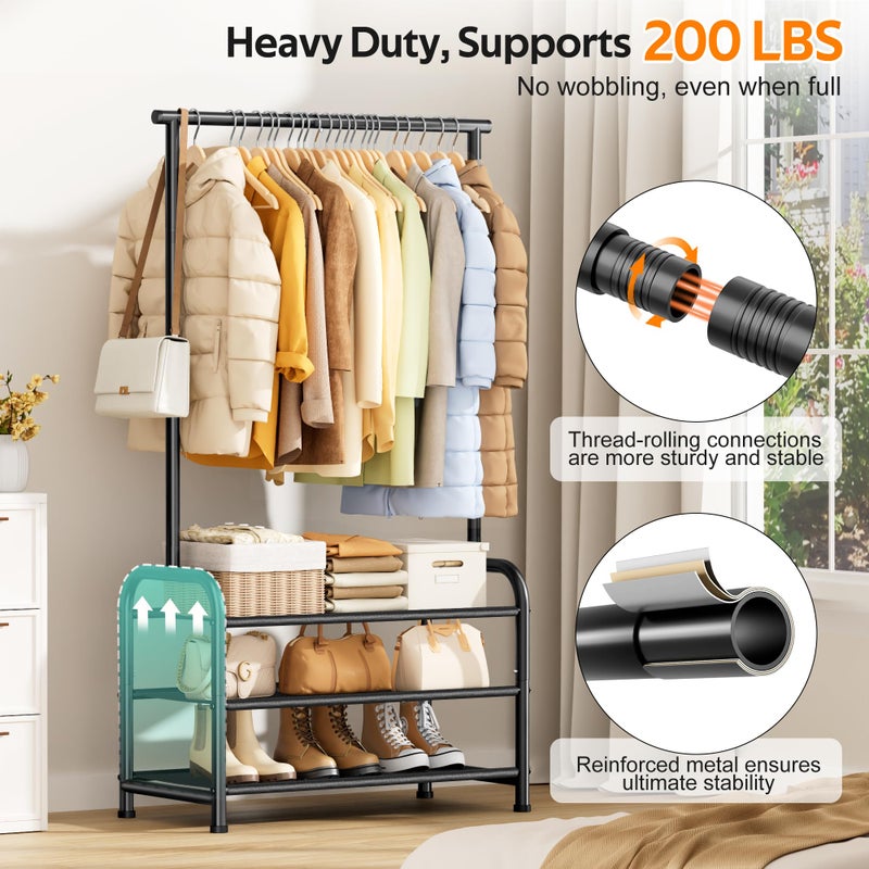 MISSLO Sturdy Clothing Racks for Hanging Clothes with 3 Shelves Garment Rack Heavy Duty Clothes Rack with Shoe Storage for Coats, Garment, Dress, Black - Image 3