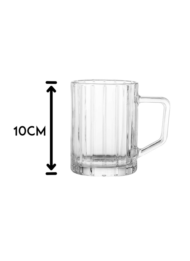 A set of 6 glass cups with engravings that add more beauty to the shape of the cup. Capacity: 400 ml. Height: 10 cm.